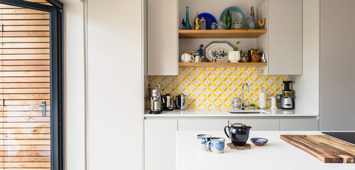 Junction Road extension - kitchen with patterned splashback and oak worktop